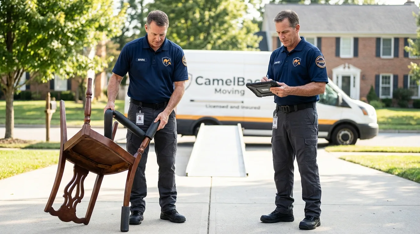 Movers inspecting furniture for damage prevention before loading in Ardmore, PA