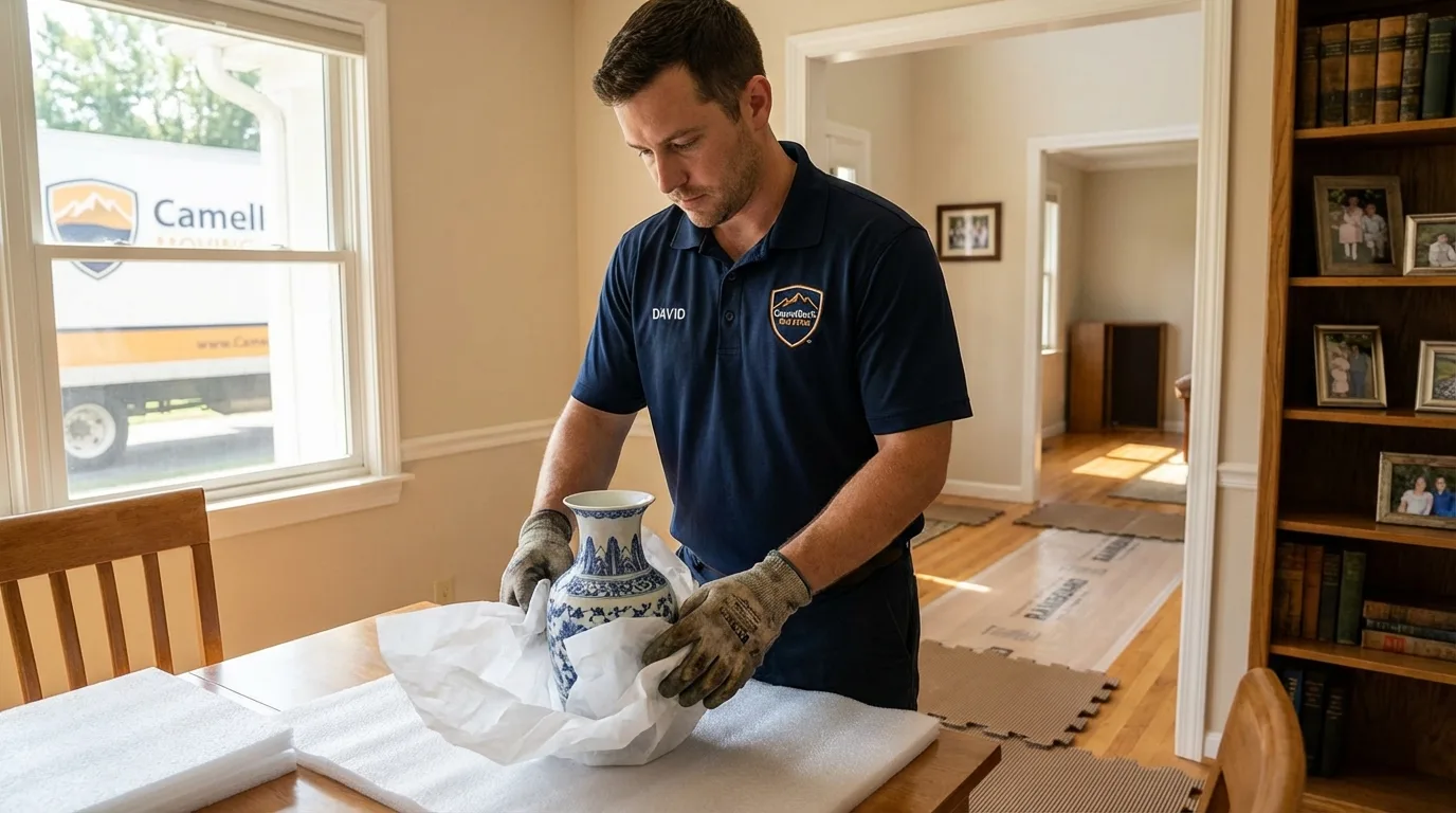 Professional crew carefully wrapping antique vase for senior downsizing move in Ardmore, PA